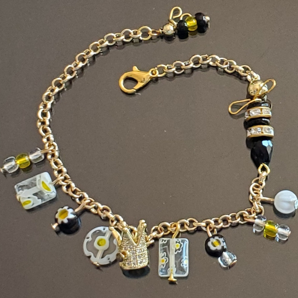 Queen Bee Bracelet Gift For Her Gold Crown Bee Charms Beaded Fairycore Jewelry